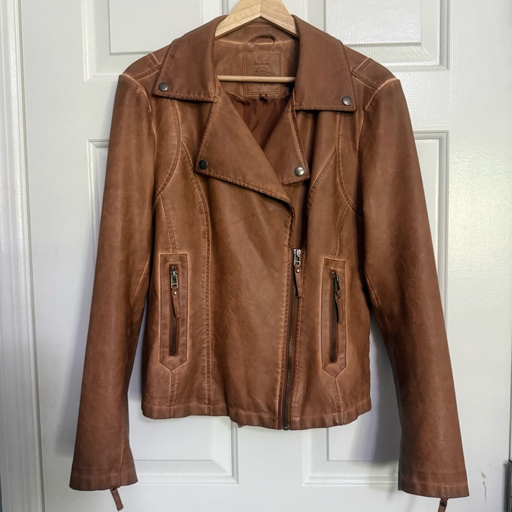 Max Studio Brown Faux Leather Moto Jacket – Size M